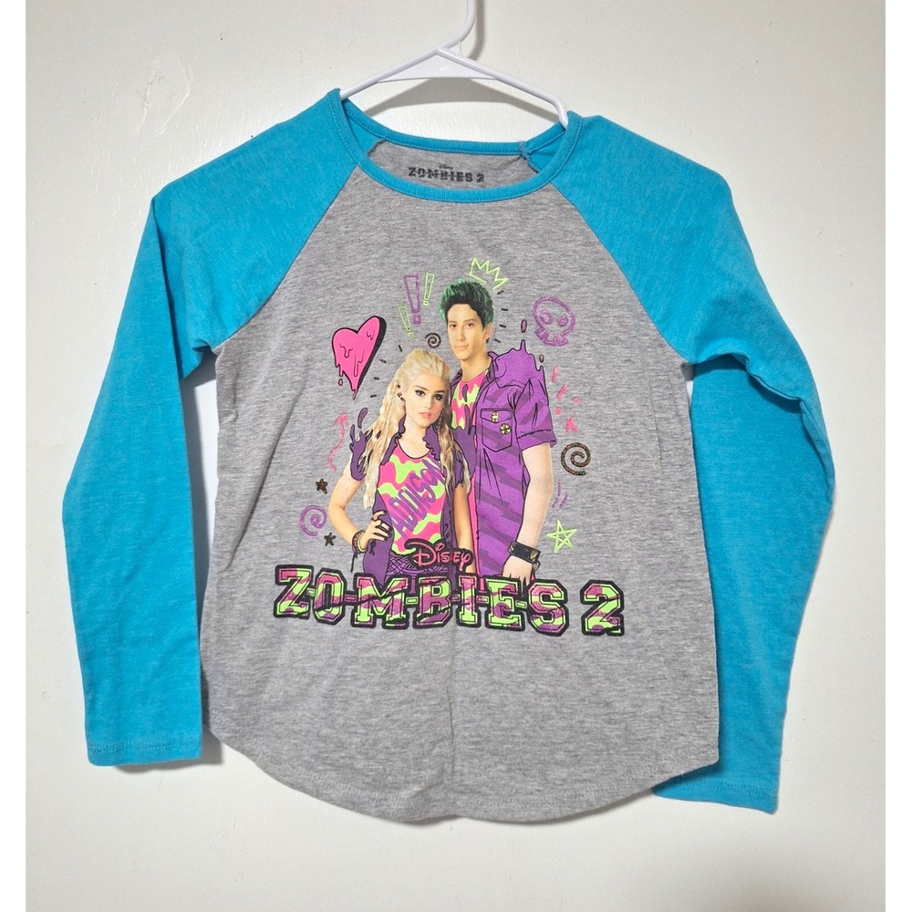 Disney Zombies 2 Shirt Girls Medium 7/8 Gray Blue Addison Zed Raglan Long Sleeve